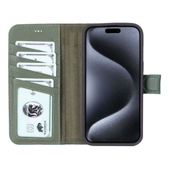Carter Detachable Leather iPhone 15 Pro Wallet Case, Pebble Green - BlackBrook Case