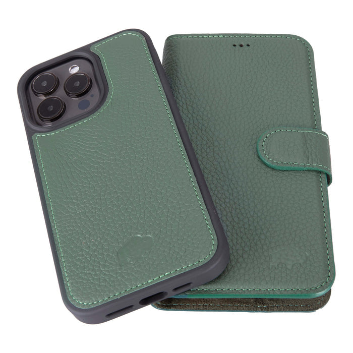 Carter Detachable Leather iPhone 15 Pro Wallet Case, Pebble Green - BlackBrook Case