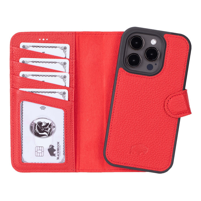 Carter Detachable Leather iPhone 15 Pro Wallet Case, Pebble Red - BlackBrook Case