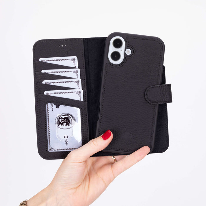 Carter Detachable Leather iPhone 16 Plus Wallet Case, Pebble Black - BlackBrook Case