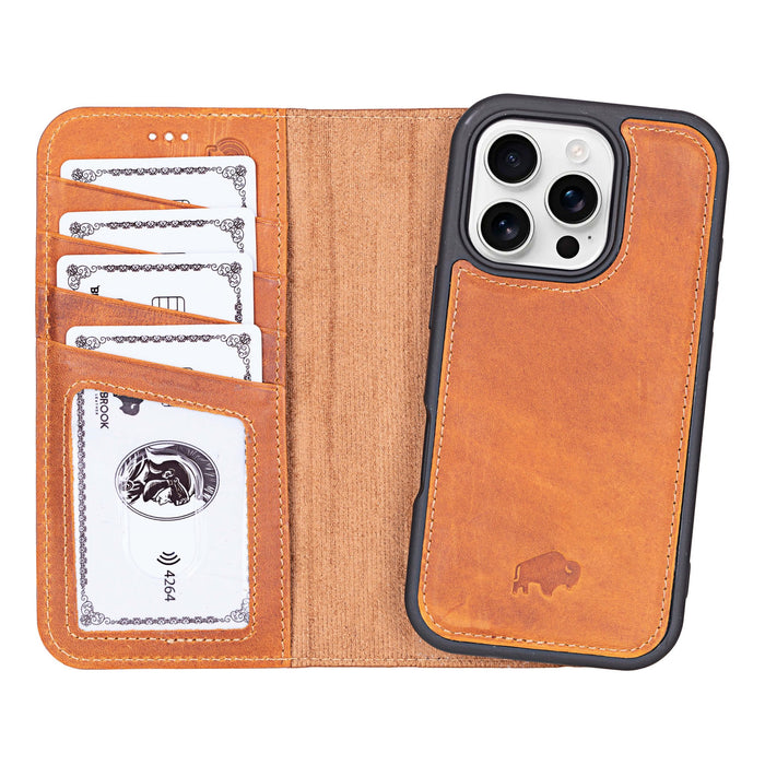 Carter Detachable Leather iPhone 16 Pro Wallet Case, Golden Brown - BlackBrook Case
