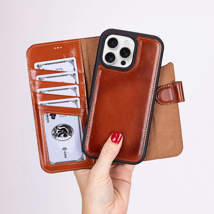 Carter Detachable Leather iPhone 16 Pro Wallet Case, Burnished Tan - BlackBrook Case