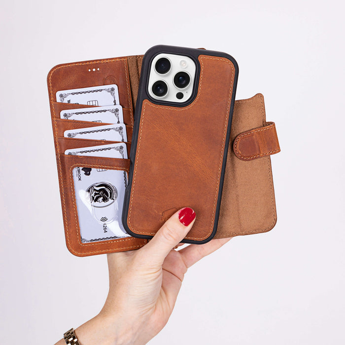 Carter Detachable Leather iPhone 16 Pro Max Wallet Case, Golden Brown - BlackBrook Case