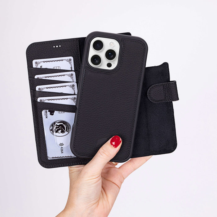 Carter Detachable Leather iPhone 16 Pro Max Wallet Case, Pebble Black - BlackBrook Case
