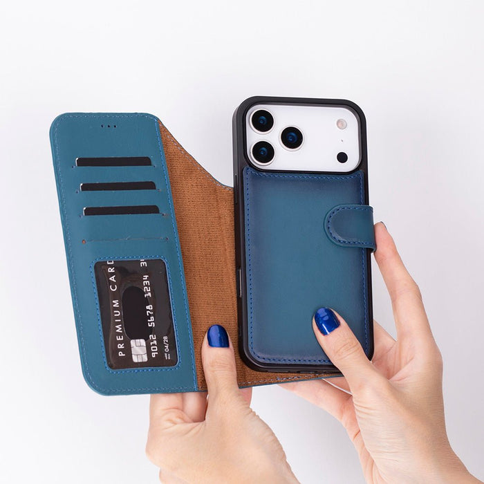 Carter Detachable Leather iPhone 18 Pro Max Wallet Case, Blue - BlackBrook Case