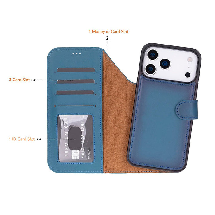 Carter Detachable Leather iPhone 18 Pro Max Wallet Case, Blue - BlackBrook Case