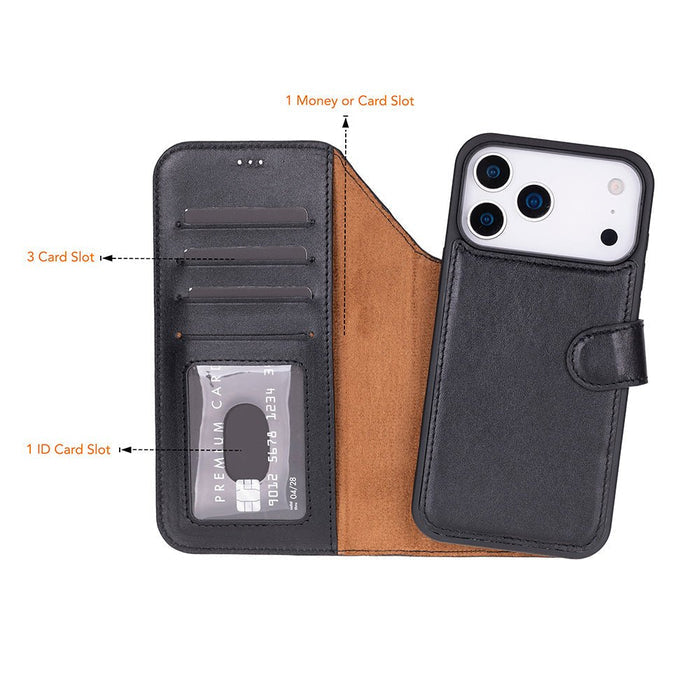 Carter Detachable Leather iPhone 18 Pro Wallet Case, Rustic Black - BlackBrook Case