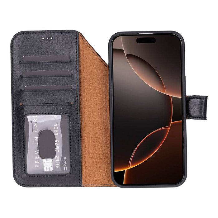 Carter Detachable Leather iPhone 18 Pro Wallet Case, Rustic Black - BlackBrook Case