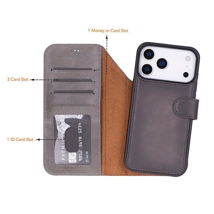 Carter Detachable Leather iPhone 18 Pro Max Wallet Case, Gray - BlackBrook Case