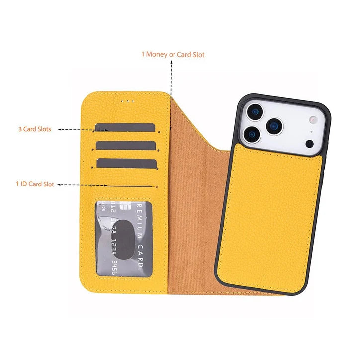 Carter Detachable Leather iPhone 18 Pro Max Wallet Case, Yellow - BlackBrook Case