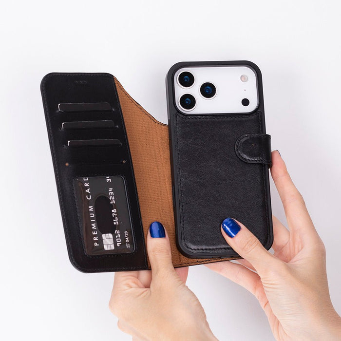 Carter Detachable Leather iPhone 18 Pro Wallet Case, Rustic Black - BlackBrook Case