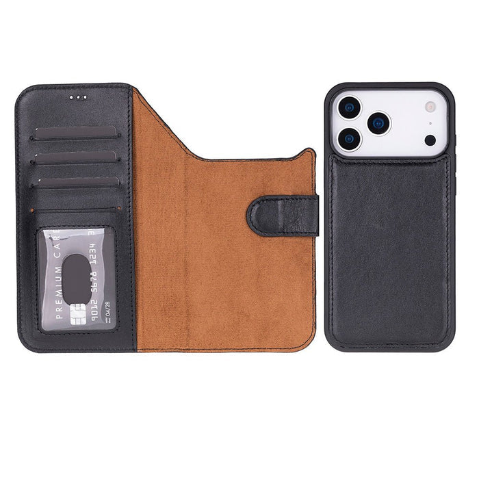 Carter Detachable Leather iPhone 18 Pro Wallet Case, Rustic Black - BlackBrook Case