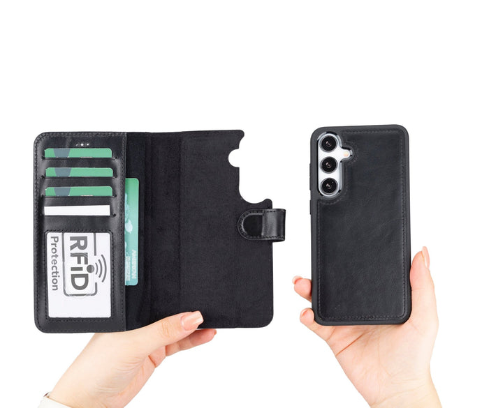 Carter Leather Samsung S24 Detachable Wallet Case, Rustic Black - BlackBrook Case