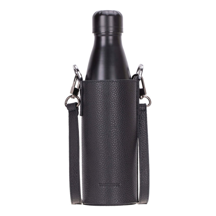 Castaway Full‑Grain Leather Crossbody Water Bottle Holder, Black - BlackBrook Case