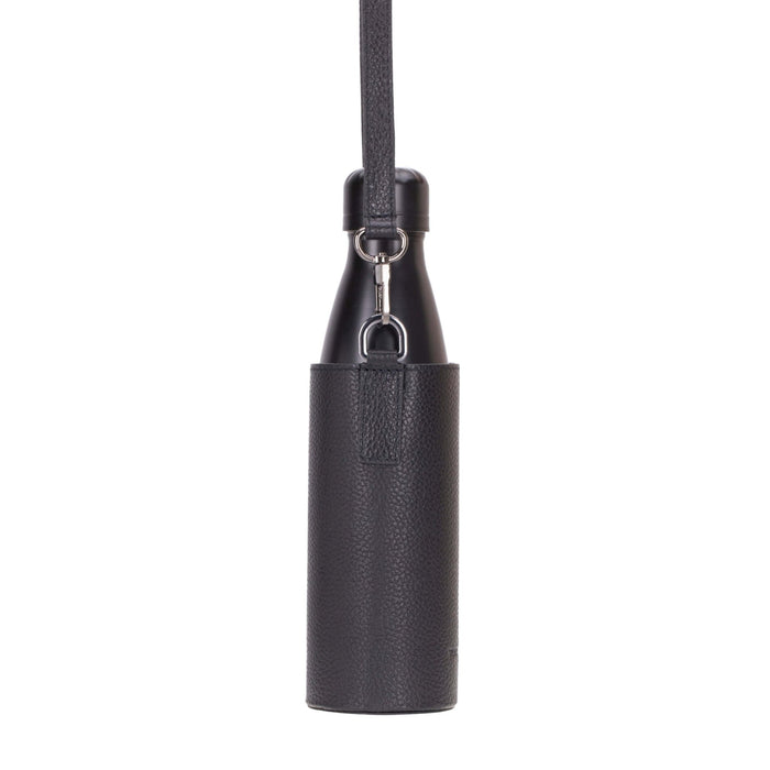 Castaway Full‑Grain Leather Crossbody Water Bottle Holder, Black - BlackBrook Case