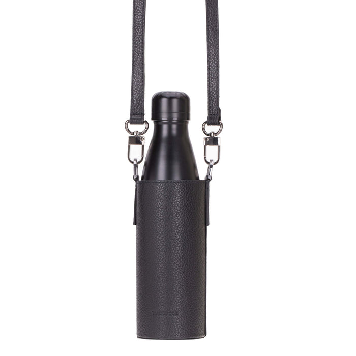 Castaway Full‑Grain Leather Crossbody Water Bottle Holder, Black - BlackBrook Case