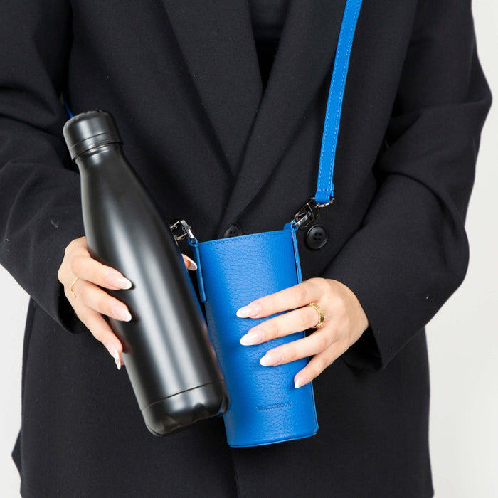 Castaway Full‑Grain Leather Crossbody Water Bottle Holder, Blue - BlackBrook Case