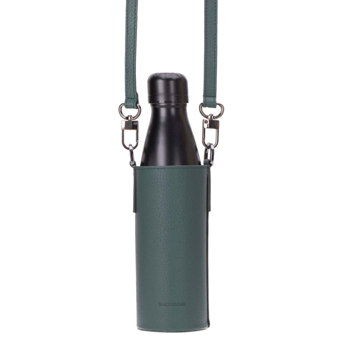Castaway Full‑Grain Leather Crossbody Water Bottle Holder, Green - BlackBrook Case