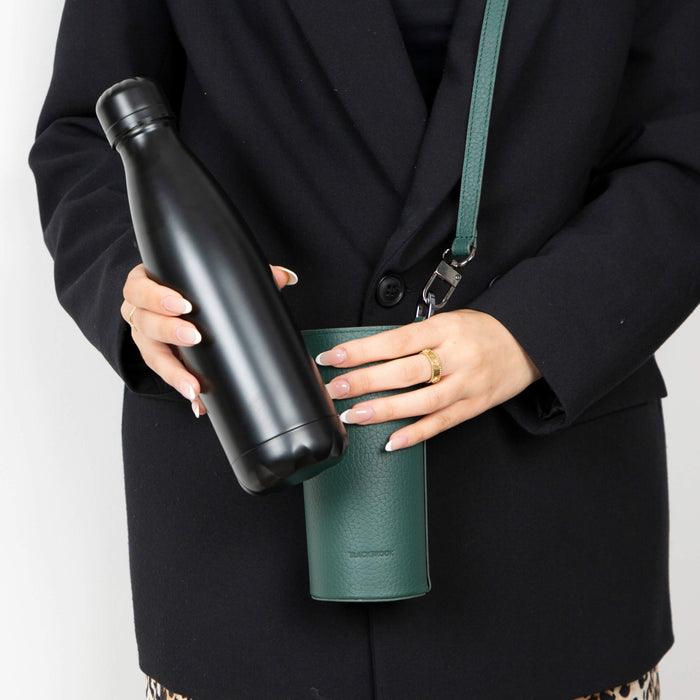 Castaway Full‑Grain Leather Crossbody Water Bottle Holder, Green - BlackBrook Case