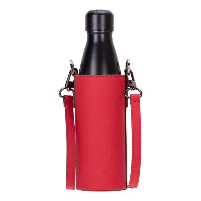 Castaway Full‑Grain Leather Crossbody Water Bottle Holder, Red - BlackBrook Case