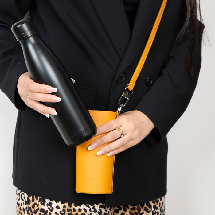 Castaway Full‑Grain Leather Crossbody Water Bottle Holder, Yellow - BlackBrook Case