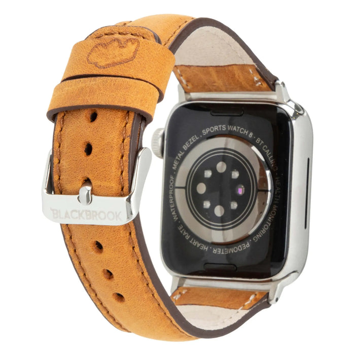 Classic Leather Apple Watch Band – 42mm/41mm Replacement Strap (Golden Brown, Silver Hardware) - BlackBrook Case