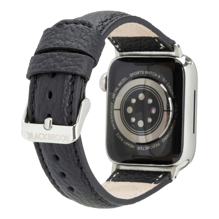 Classic Leather Apple Watch Band – 46mm/45mm Replacement Strap (Pebble Black, Silver Hardware) - BlackBrook Case