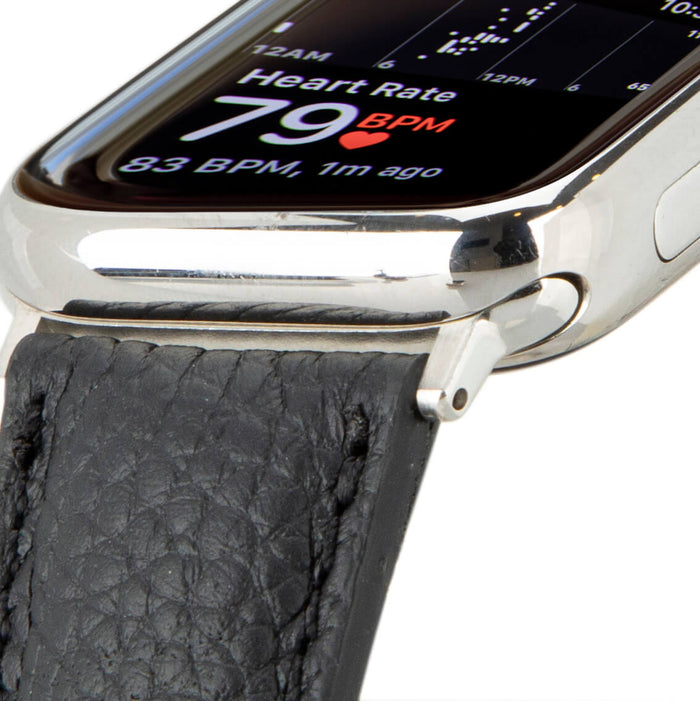 Classic Leather Apple Watch Band – 46mm/45mm Replacement Strap (Pebble Black, Silver Hardware) - BlackBrook Case