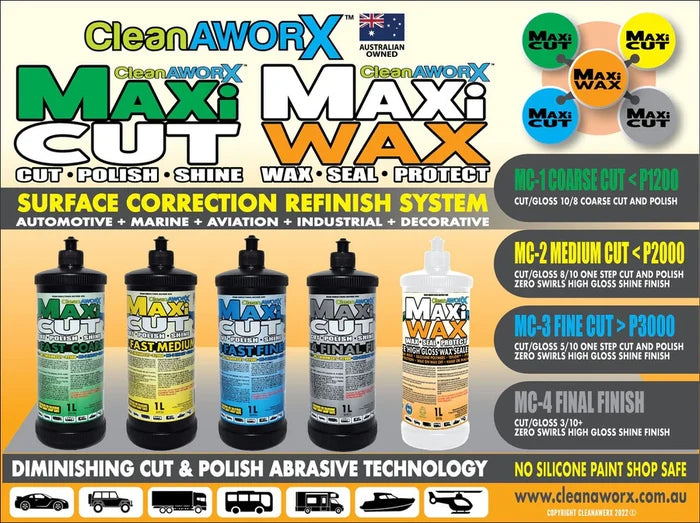 CLEANAWORX - MAXI CUT 2 Medium Cust and Polish Zero Swirls High Gloss Shine 1L - Bosuns Boat