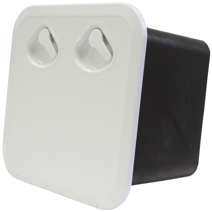 DELUXE MODEL OPENING STORAGE HATCHES - SIZE B, WHITE, WITH STORAGE BOX FITTED - bosunsboat