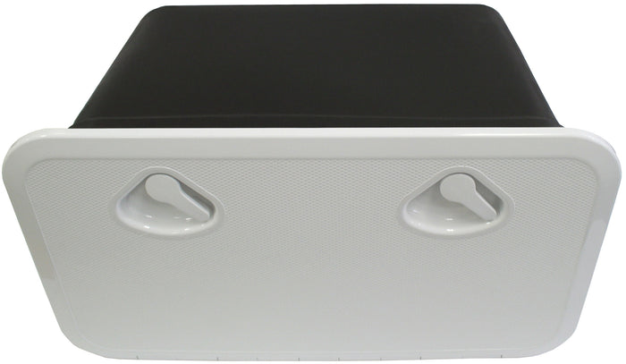 DELUXE MODEL OPENING STORAGE HATCHES - SIZE C, WHITE, WITH STORAGE BOX FITTED - bosunsboat