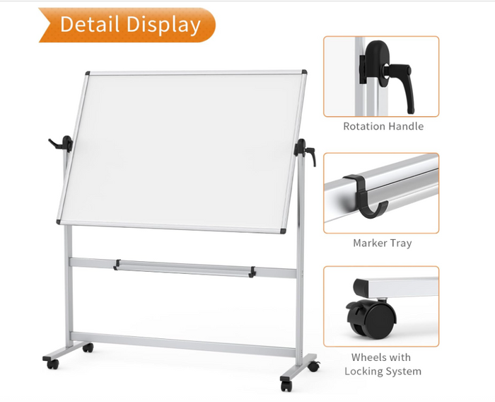 Double Sided Mobile Whiteboard 120x90cm Magnetic Rotating Stand Aluminium-59