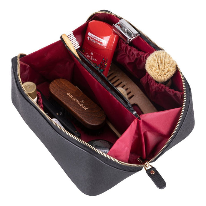 Ella Full‑Grain Leather Makeup Bag, Pebble Black - BlackBrook Case