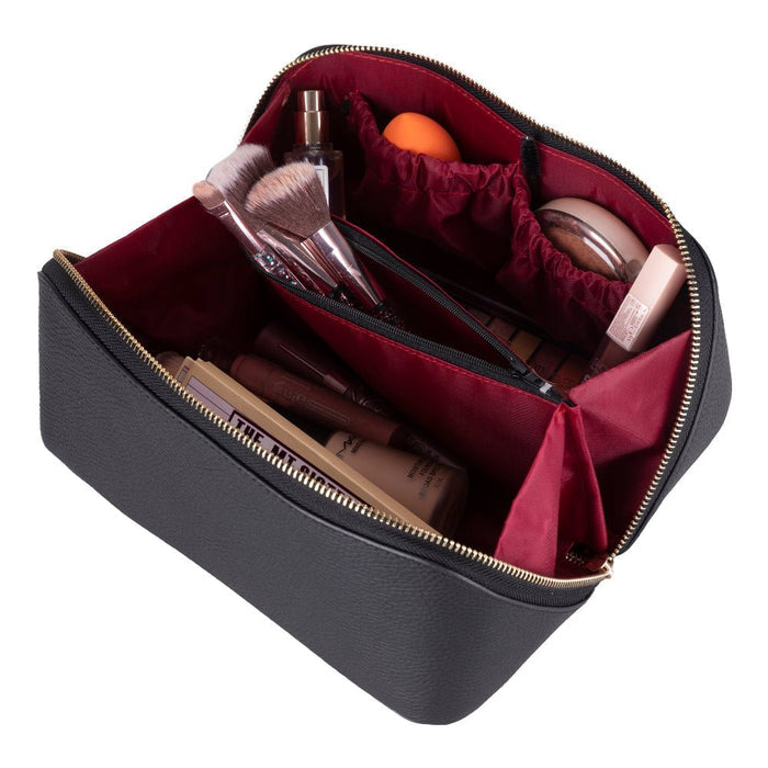 Ella Full‑Grain Leather Makeup Bag, Pebble Black - BlackBrook Case