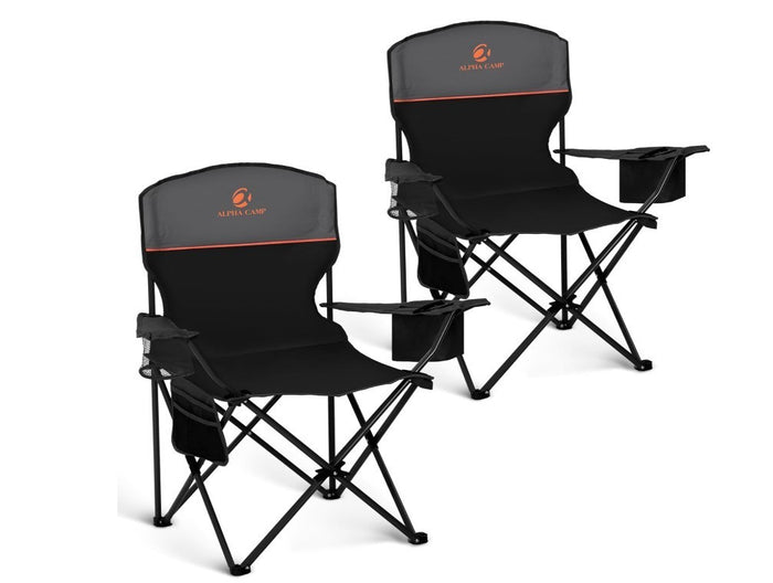 Folding Camping Chairs Set of 2 with Cooler Bag & Cup Holder Black- 313
