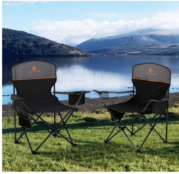Folding Camping Chairs Set of 2 with Cooler Bag & Cup Holder Black- 313