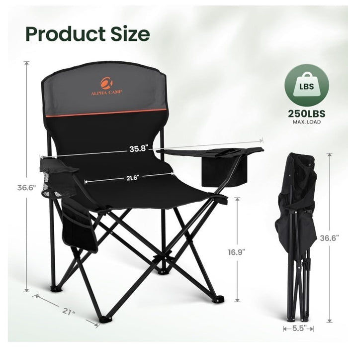 Folding Camping Chairs Set of 2 with Cooler Bag & Cup Holder Black- 313
