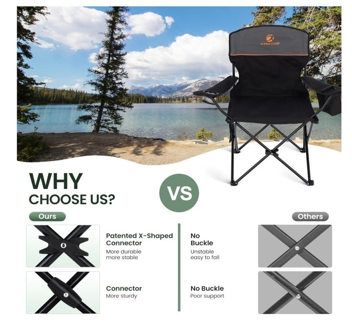 Folding Camping Chairs Set of 2 with Cooler Bag & Cup Holder Black- 313