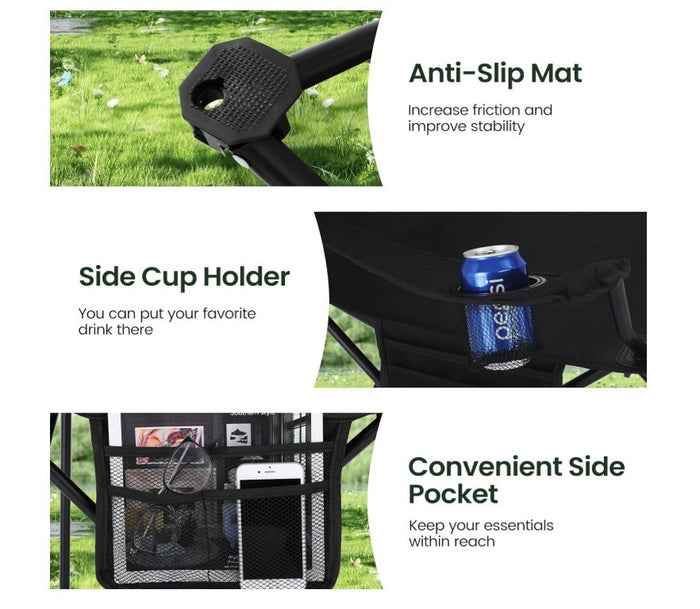 Folding Camping Chairs Set of 2 with Cooler Bag & Cup Holder Black- 313