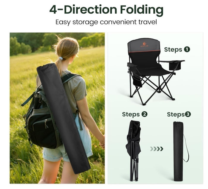 Folding Camping Chairs Set of 2 with Cooler Bag & Cup Holder Black- 313