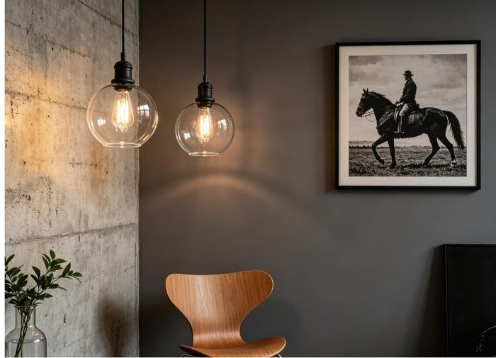 Industrial Globe Pendant Light 7.9in Black Clear Glass Ceiling Lamp-259