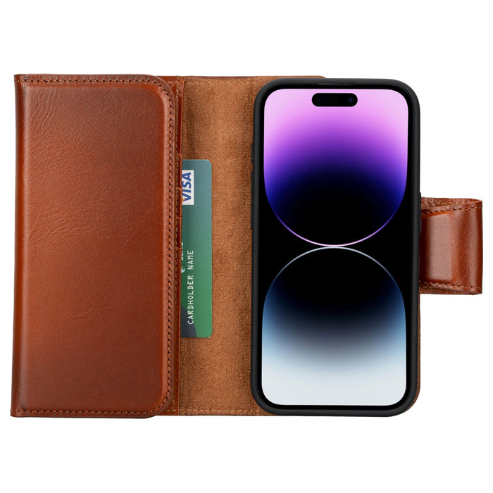 Tudor Tri-Fold Leather Wallet Case ‚Äì iPhone 15 Pro, Burnished Tan - BlackBrook Case