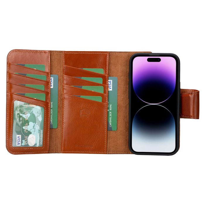 Tudor Tri-Fold Leather Wallet Case ‚Äì iPhone 15 Pro, Burnished Tan - BlackBrook Case