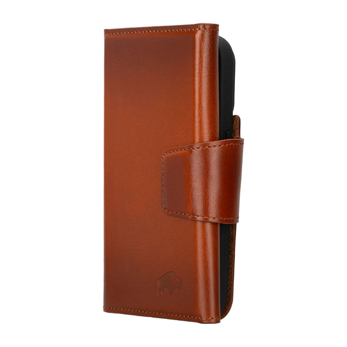 iPhone 15 Pro Leather Wallet Case - Tudor 2 - in - 1 Tri - Fold Folio, Burnished Tan - BlackBrook Case