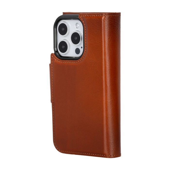 iPhone 15 Pro Leather Wallet Case - Tudor 2 - in - 1 Tri - Fold Folio, Burnished Tan - BlackBrook Case