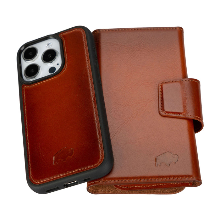 Tudor Tri-Fold Leather Wallet Case ‚Äì iPhone 15 Pro, Burnished Tan - BlackBrook Case