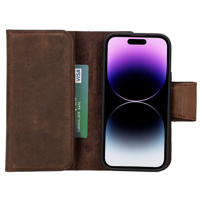 Tudor Tri-Fold Leather Wallet Case ‚Äì iPhone 15 Pro, Distressed Coffee - BlackBrook Case