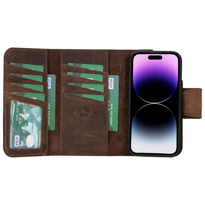 Tudor Tri-Fold Leather Wallet Case ‚Äì iPhone 15 Pro, Distressed Coffee - BlackBrook Case