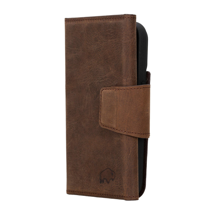 iPhone 15 Pro Leather Wallet Case - Tudor 2 - in - 1 Tri - Fold Folio, Distressed Coffee - BlackBrook Case