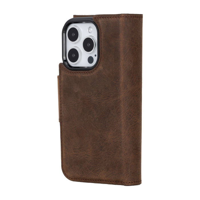 iPhone 15 Pro Leather Wallet Case - Tudor 2 - in - 1 Tri - Fold Folio, Distressed Coffee - BlackBrook Case